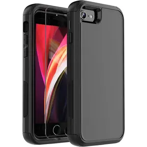 for  SE Case 2022 (3rd)/2020 (2nd),  8/7 Case with Screen Protector 3 in 1 Heavy Duty Shockproof Shock-Resistant Cover 4.7 inch Black