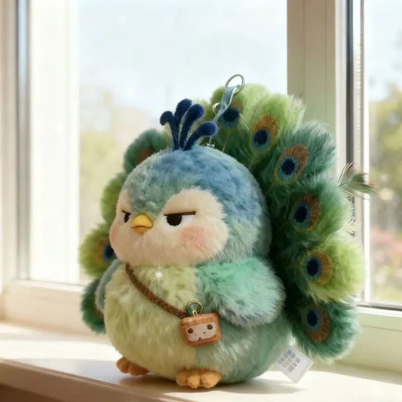 Doll Style Keychain in Maillard Green, Kawaii Peacock Plush Animal Motif Figurine, Creative Backpack Pendant with Cool Expression, Animal Motif Keychains, Doll Style Keychains