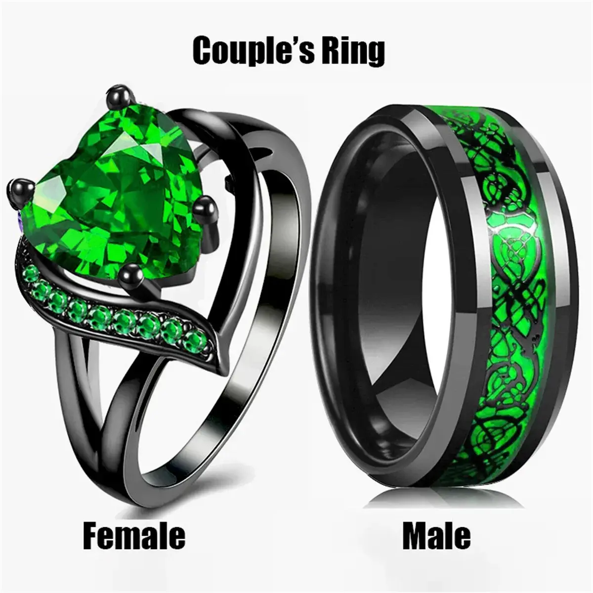 Fashion Couple Rings Romantic Women Heart Green Rhinestones Zircon Ring Men Stainless Steel Celtic Dragon Ring Wedding Jewelry