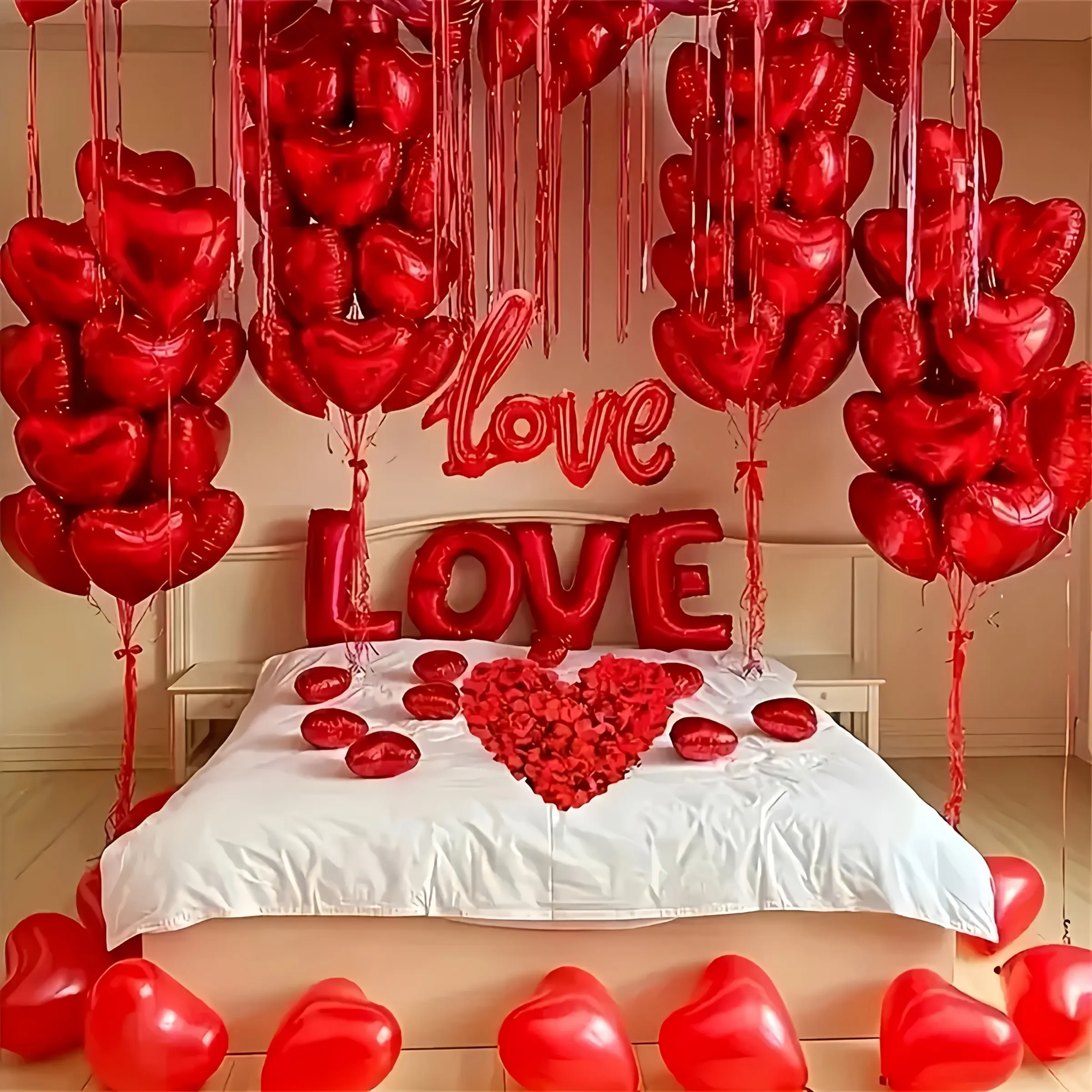 Romantic Valentine's Day Balloon Decoration Set, 1000 Rose Petals, 20 Heart Foil Balloons, Perfect for Proposal, Wedding, Anniversary, Party, Heart Shaped Balloons