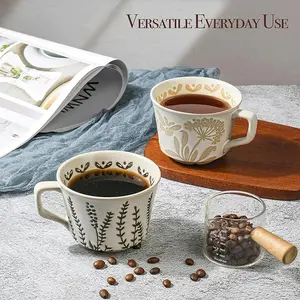 Ceramic Coffee Mug Set of 2, 12 oz Novelty Unique Tea Cups with Big Handle, Couple Mugs for Mocha Latte Cappuccino Espresso, Best Gifts for Women and Men, Ivy and Leaf