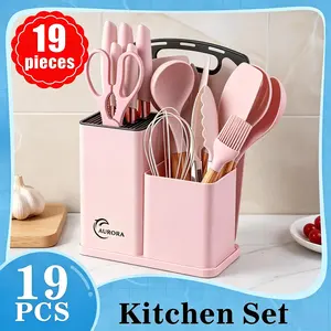 [Best  Day Gifts]XBJ 19-Piece Kitchenware Set, Heat-Resistant Silicone Cutlery with Wooden Handles, Nonstick-Compatible Ladle, Turner, Spoon, Stylish Blush White-Pink, Ideal International Women's Day Gift for Her