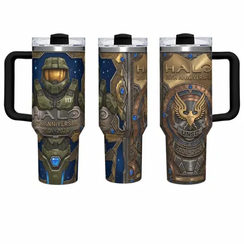 HALO 25th Anniversary 2D Flat Black Handle 40oz, Legends Never Die, Halo merch unique cup - scs18719