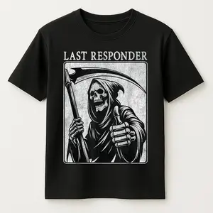 Last Responder Grim Reaper Graphic T-Shirt - Men's Vintage Distressed Cotton Tee, Black with White Print, Short Sleeve, Round Neck, Casual Retro Style for All Seasons Halloween gift