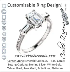 Cubic Zirconia Engagement Ring- The Kimiko (Customizable 3-stone Emerald Cut Design with Baguette Accents and Thin Wheat-Filigree Band)