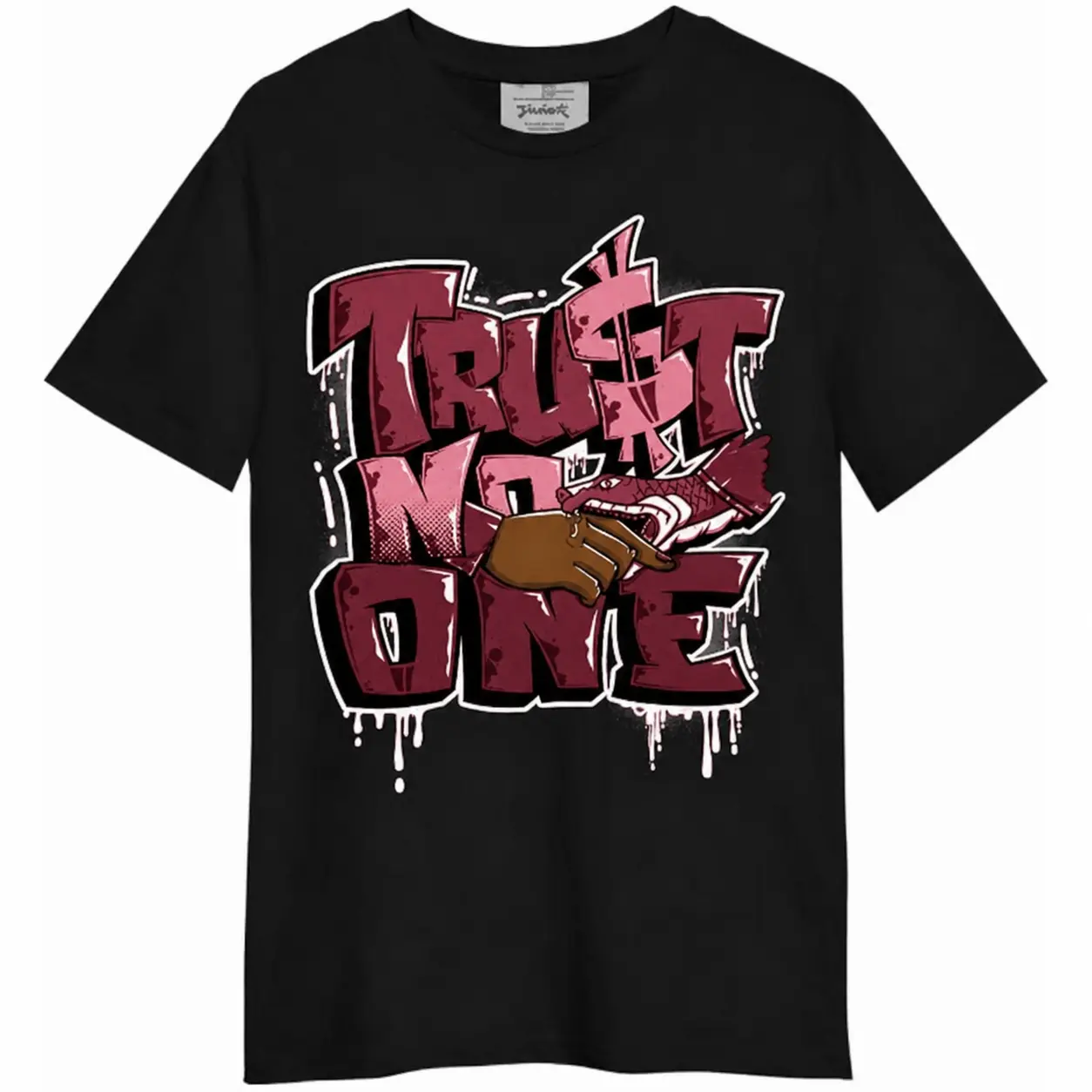 Men Trust No One Graffiti Graphic T-Shirt, Drip Letter Dollar Fish Hand Print Crew Neck Short Sleeve Loose Fit Black Urban Hip Hop Streetwear Tee Top