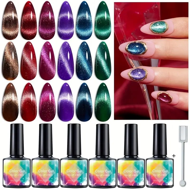 Zopvt Holographic Cat Eye Gel Polish Set, Gel Nail Polish Sets, 6 Colors, Magnetic Dual Head, UV LED Lamp, Easter Nail Art Kit, Professional Manicure Tools, Gel Nails
