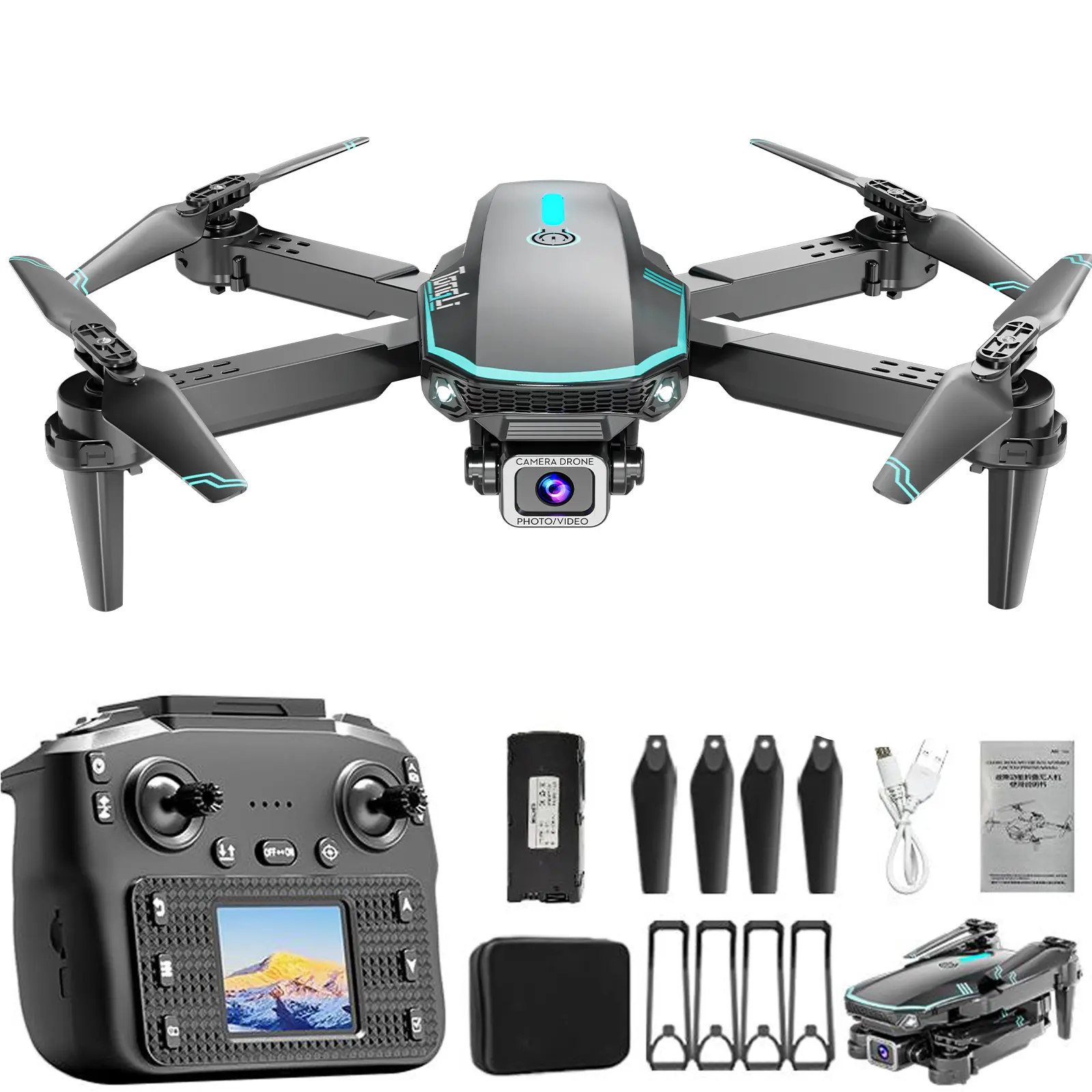 Tongli Upgraded Folding RC Quadcopter Drone - Large LCD Screen Remote Control, Dual Cameras, WiFi FPV, Portable, 1-Key Takeoff & Landing, Stunt Flips, Festival Gift for 8-14 Year Old Kids, Accessories