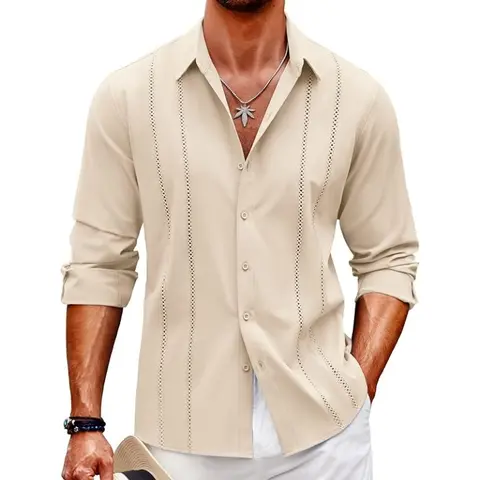 COOFANDY B New York Fashion Week Mens Cuban Guayabera Shirt  Casual Button Down Shirts Long Sleeve Beach Linen Shirts Menswear Tropical