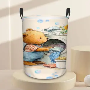 Home Kitchen Storage Basket,Cute Teddy Bear Doing Laundry.,Foldable Laundry Basket, Space-Saving Wardrobe Storage Basket, Convenient Handle, Suitable For Bathroom, Laundry Room, Bedroom - Interesting Home Decor.