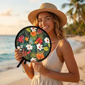 Decorative Japanese Style Folding Fan Flower Pattern Round Collapsible Fan With Pocket Flying Disk Fan Summer Travel