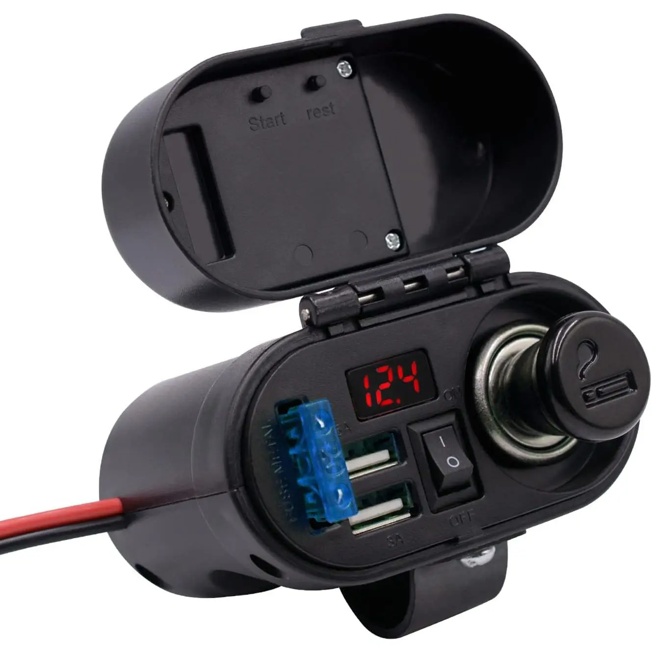 waterproof usb cigarette charger 5V/3A Dual USB Charger Socket Waterproof Motorcycle Handlebar & Rear View  Mirror Clamp Power Adapter Charger with Cigarette Lighter Socket, Voltmeter  for Phones/Tablets/GPS (Black 1)