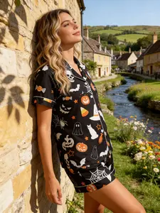 Women's Halloween Pumpkin Skull Ghost Bat Printed Pyjama Set, Short Sleeve Shorts Cardigan, Casual Comfortable Home Wear