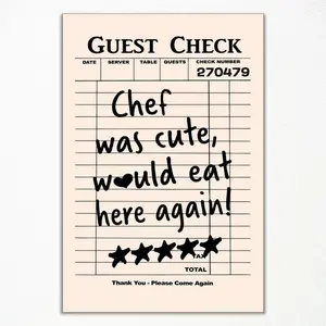Guest Check Canvas Wall Art, Chef Was Cute Would Eat Here Again Quotes Poster, Black Beige Poster, Funny Kitchen Wall Art, Typography Physical Print Poster, Dining Room Poster
