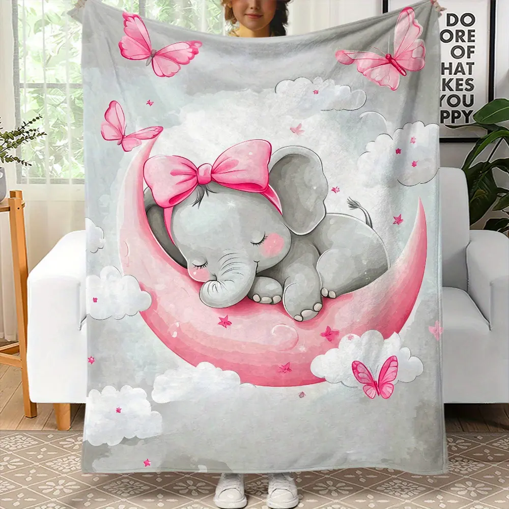 Cute Little Elephant on the Moon Print Double-Sided Flannel Throw Blanket - Fluffy Fleece, Cozy, Lightweight, Portable for Sofa, Travel, Office - Digital Printing Soft Warm Textile, Fluffy Fleece Throw