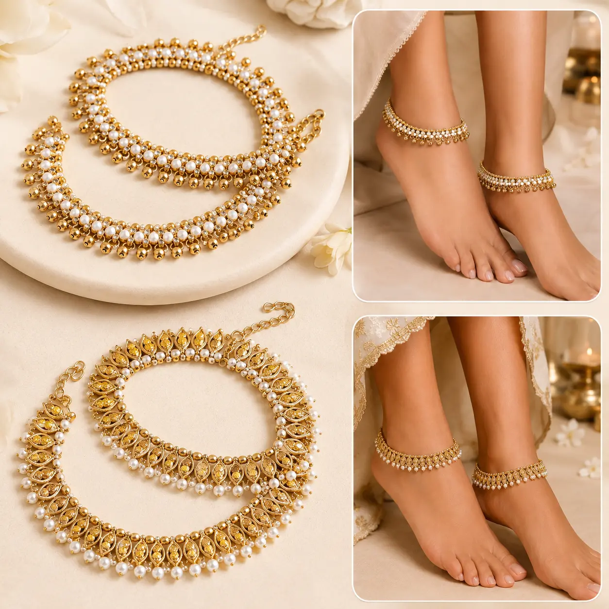 Traditional Gold Tone Payal Anklet Set – Pearl, Crystal & Ghungroo Indian Pakistani Afghan Bridal Anklets – 3 Designs