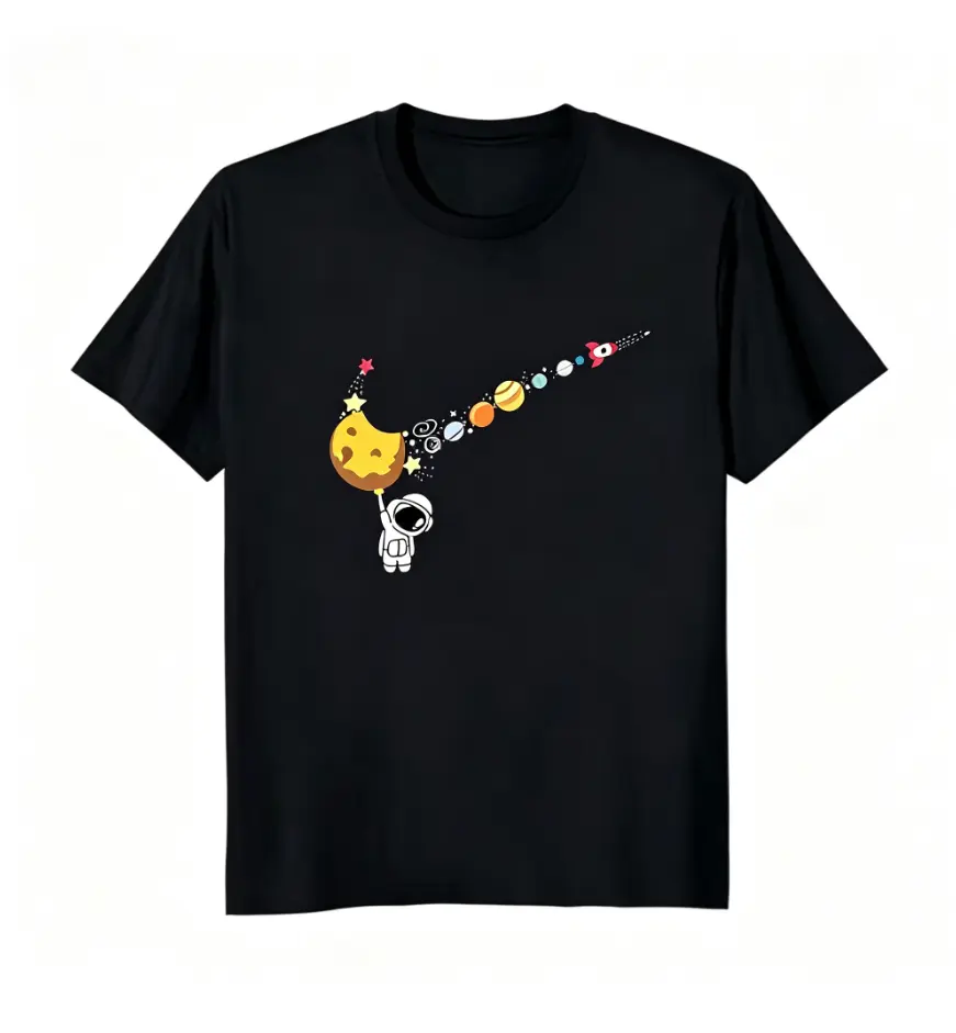 Women's Short-Sleeve Round Neck Cotton Graphic Tee - Space Planets Print, Breathable, Comfortable, Machine Washable, Unisex Cut, Summer Casual Wear, Style 052, Shortsleeve