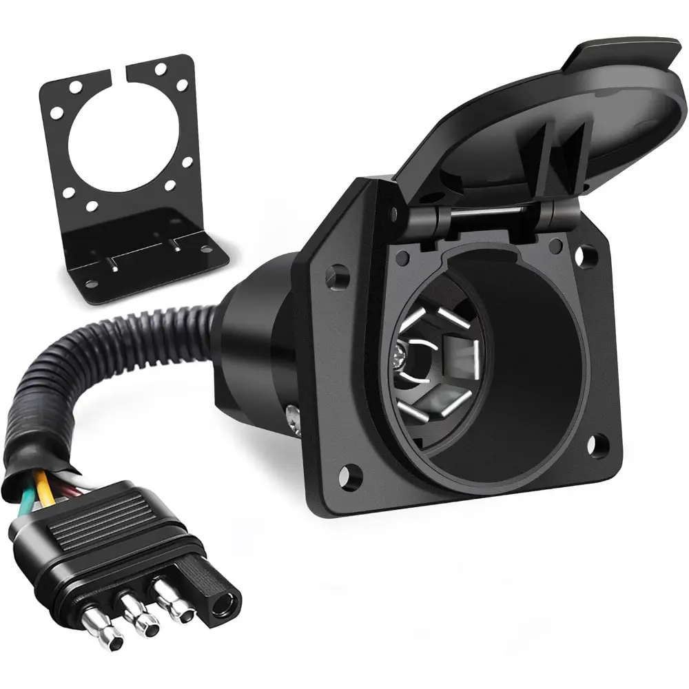 4 Way Flat to 7 Way Round Blade Trailer Adapter Wiring Plug Connector with Mounting Bracket