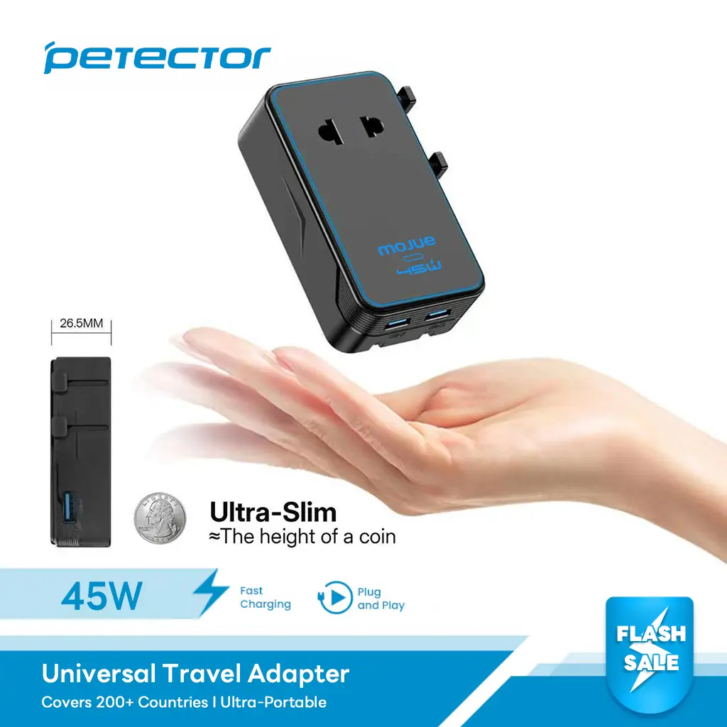 Universal Travel Power Adapter – 2 USB-C + 1 USB-A Ports, Ultra-Thin International Plug Converter for US to Europe, UK, Italy, Spain, New Zealand (Type C/G/A/I), 45W Compact Charger