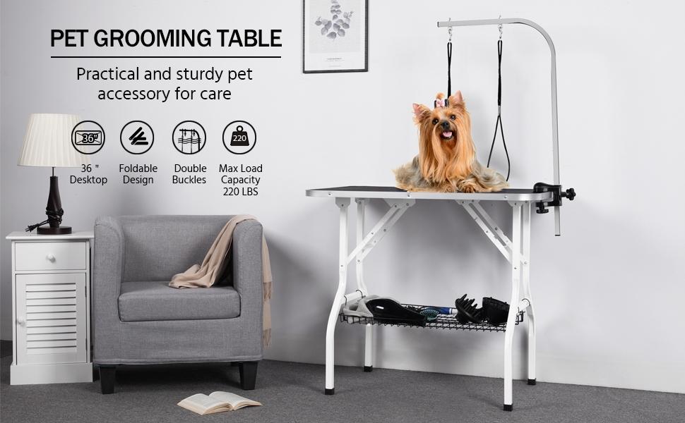 Yaheetech 36in Dog Grooming Table, Pet Foldable Grooming Table w/Double Loops/Mesh Tray/Adjustable Arm