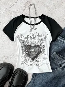 Teenage Girls Summer Heart Print College Street Style Simple Round Neck Printed T-Shirt, Casual Fashion Top for Youth, Graphic Print Shirt