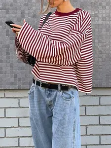 Women's Red and White Striped Long Sleeve T Shirt Casual Cozy Loose Fit Drop Shoulder Crew Neck Pullover Streetwear Aesthetic Oversized Top Vintage College Style