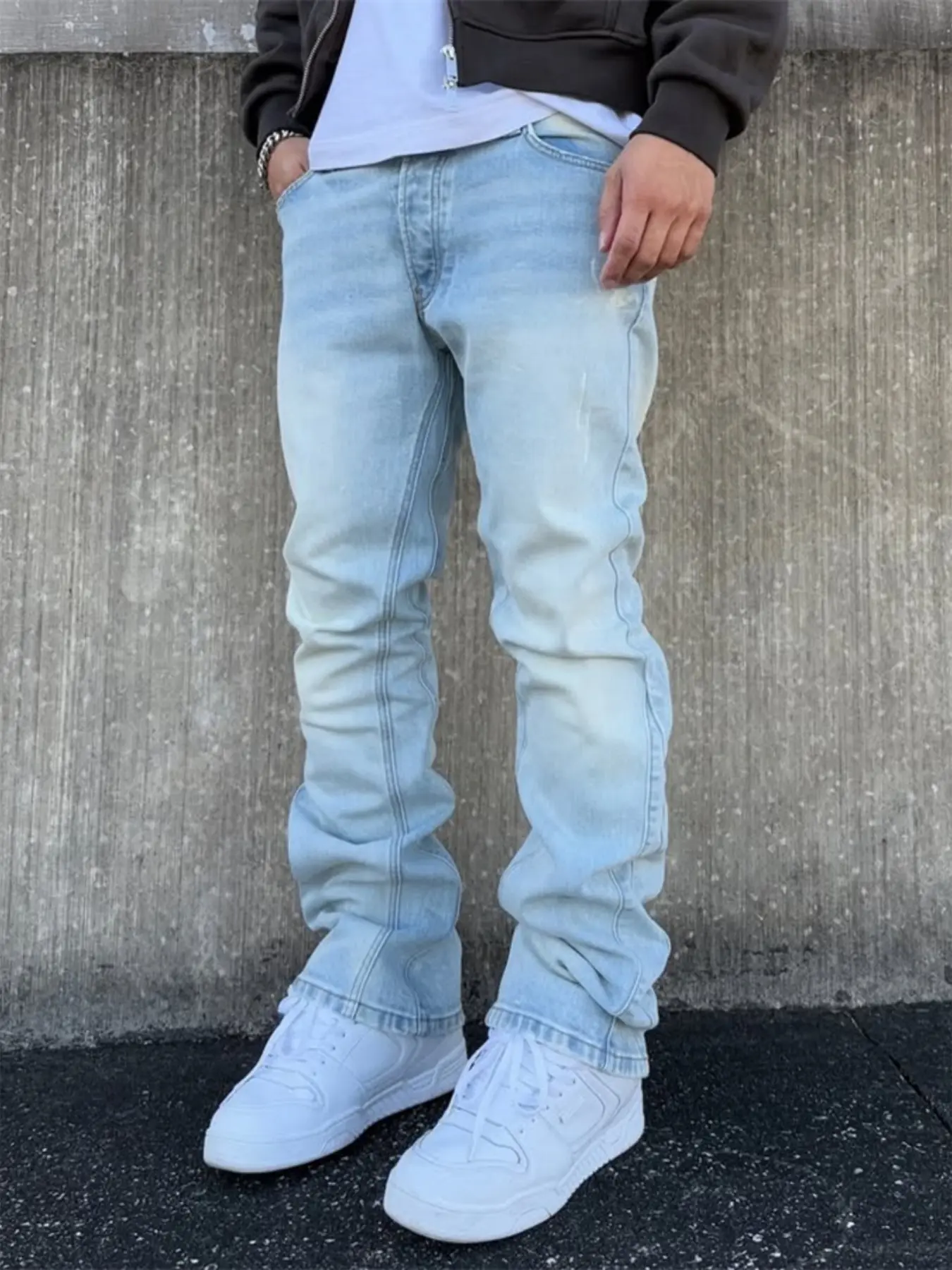 Trendy Fashion Simple Solid Color Light Wash High-Waisted Slim Fit Men's Micro Flare Jeans, Casual Plain Denim Jeans for All Seasons Pants Streetwear Menswear