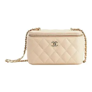 Pre-owned CHANEL Leather Shoulder Bags Quilted Caviar Vanity Case with Chain in Light Beige with Gold Hardware