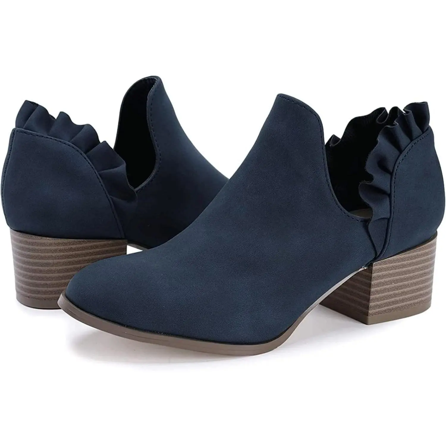 Coutgo Women's Fall Cutout Ankle Booties - Navy PU Faux Leather Slip-On Dress Shoes with Low Stacked Ruffle, Comfortable Chunky Block Heels, Warm Casual Footwear