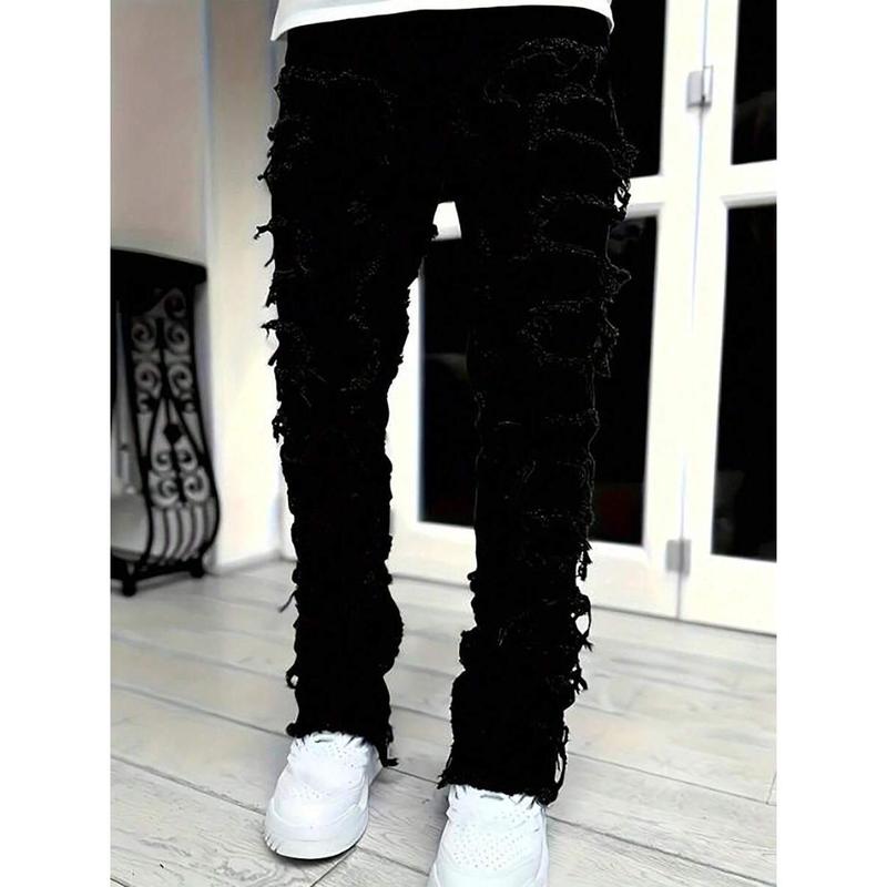 Stacked Jeans Mens Ripped Jeans Distressed Patchwork Straight Leg Y2k Skinny Denim Pants Hip Hop Slim Fit Trousers Black Fabric baggy pants