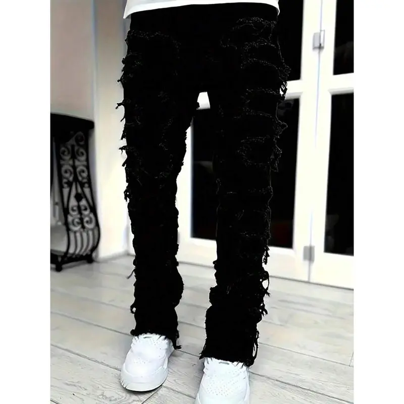 Stacked Jeans Mens Ripped Jeans Distressed Patchwork Straight Leg Y2k Skinny Denim Pants Hip Hop Slim Fit Trousers Black Fabric baggy pants