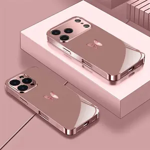 Butterfly Pattern Rose Gold/Plated Pink Phone Case Cover for iPhone 17/17 Pro/17 Air/17 Pro Max/16/16 Pro/16 Plus/16 Pro Max/15/15 Pro/15 Pro Max/14/14 Pro/14 Plus/14 Pro Max/13/13 Pro/13 Pro Max/13 Mini/12/11 Minimalist, Aesthetic, Fashionable, Unisex Ch