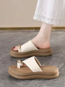 Summer Women's Braided Toe Thick Sole Open Toe Sandals, Metal Buckle Platform Flip Flops, Soft Elastic Anti-Slip Height Boost Outdoor Slippers