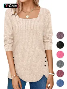 Women's Plain Buttons Wrap Ribbed Knit Top, Casual Long Sleeve Square Neck Sweater Knitwear for Spring & Fall, Fashion Women's Knit Clothing for Daily Wear