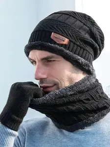 Men's Winter Knit Hat Scarf Set, Thick Fleece Lined Beanie, Casual Style Warm Accessories for Fall & Winter, One Size Fits All