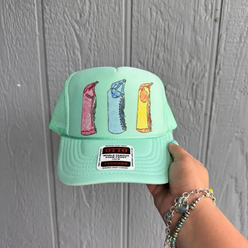 Colorful cowgirl chaps trucker hat Colorful cowgirl chaps trucker hat