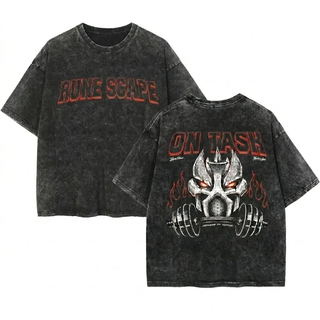 OSRS Slayer Gym Acid Wash T Shirt Oversized RuneScape Inspired Workout Tee Vintage Wash Gamer Shirt MMORPG Fitness Graphic Tee Retro Streetwear Gym Rat Apparel Funny Gaming Fitness Shirt Unisex Heavyweight Acid Wash Top for Men Women