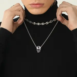 FaithHeart Gothic Skull Necklace Stainless Steel Simple Style Skull Pendant Necklace