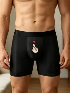 Romantic Heart Print Men's Boxer Briefs, Cute Finger Heart Design, Long-Length Underwear, Casual All-Season Sportswear
