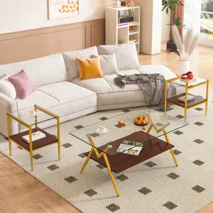 Gold Glass Coffee Table and End Table Sets of 3, Modern Living Room Table Set with Metal Legs and Walnut Bottom Shelf, Center Cocktail Furniture, Brown + Gold
