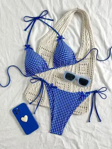 Women’s Blue Gingham Bikini Set – Triangle Halter Top & Tie Side Bottom, Cute Checkered Two Piece Swimsuit, Trendy Summer Beach Pool Swimwear
