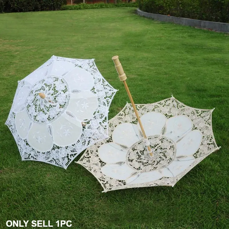 Lace Parasol Umbrella Cotton Fabric Vintage Embroidered Bridal Umbrella with Wooden Handle, Whimsical Wisteria Umbrella, Craft Flowers Lace Embroidery Vintage Parasol Ornament for Wedding Photo Props Tea Party Decorations Lightweight Umbrella
