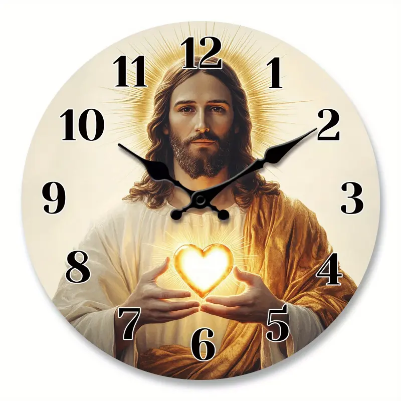 1 religious-themed acrylic wall clock, featuring a design with Jesus and a heart-shaped light pattern, silent clock, battery-powered, suitable for decorating the living room, bedroom, kitchen, office, and makes a wonderful gift for various holidays, birth
