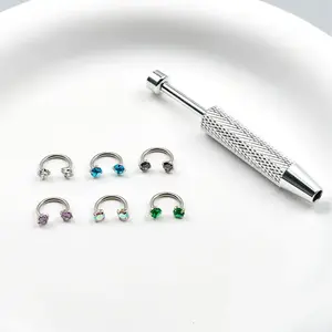 Virelyn B 6pcs Value Pack 316L medical-grade titanium steel 18G 1.0mm Horseshoe Nose Hoop Internally Threaded Gems Nose Ring with Free Ball Holder & Guiding Needle