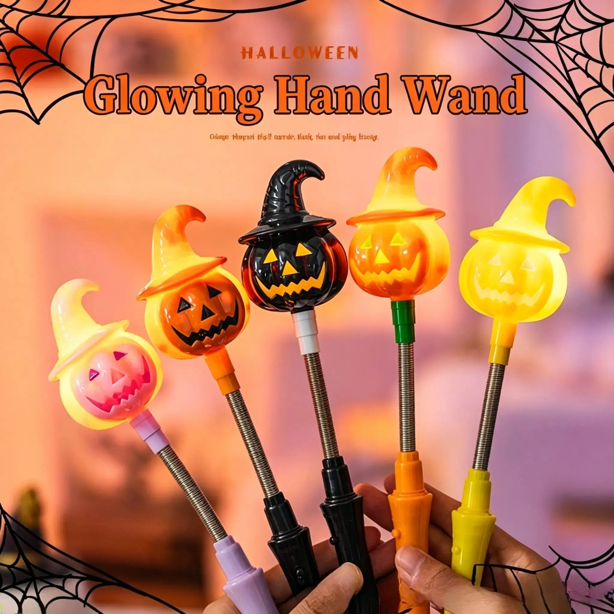 Halloween Glowing Pumpkin Handheld Wand, Flashing LED Light Stick for Kids Costume Prop, Smooth Burr-Free Safe Plastic, Thick Reinforced Handle, Compact Pocket-Sized Design for Trick-or-Treat, Long-Lasting Battery