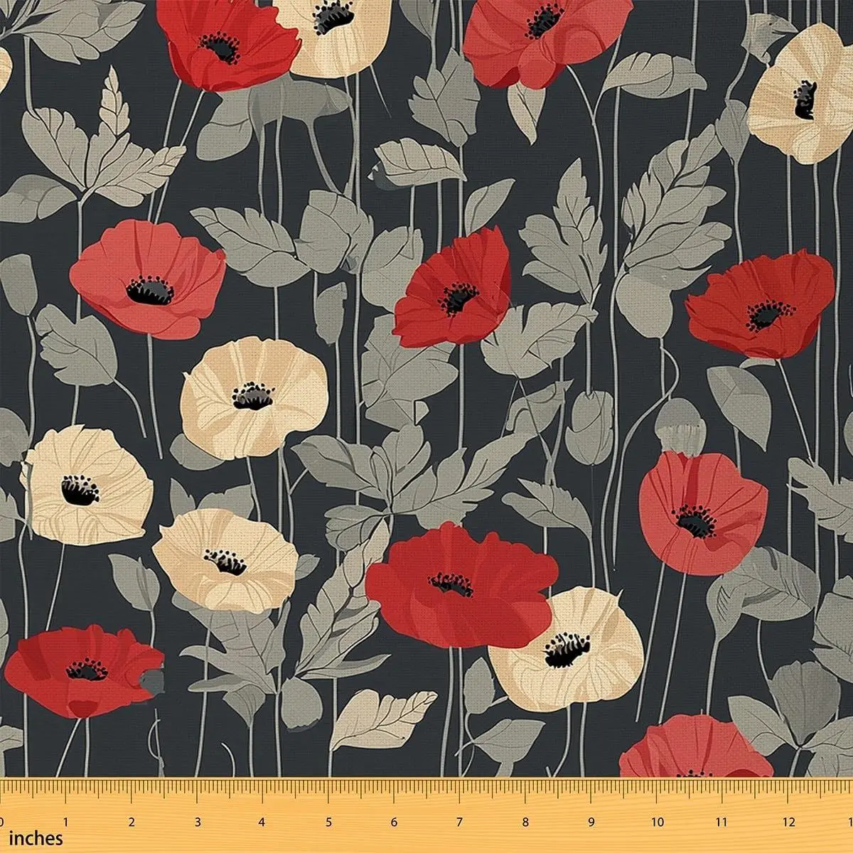 Poppy Flower Fabric,Chic Floral Decorative Fabric,Red Poppy Leaves Upholstery Fabric Upholstery and Home DIY Projects,Garden Botanical Plant,Beige Grey