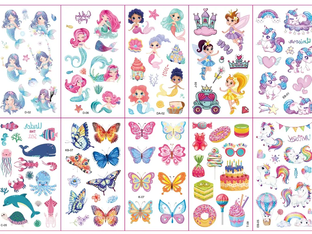 10 Sheets Tattoos for Kids, Mixed Styles Cartoon Temporary Tattoos Stickers with Mermaid/Butterfly/Unicorn/Floral fairy/Donut Cake/Sea Animals/Space for Boys and Girls Birthday Games for Party