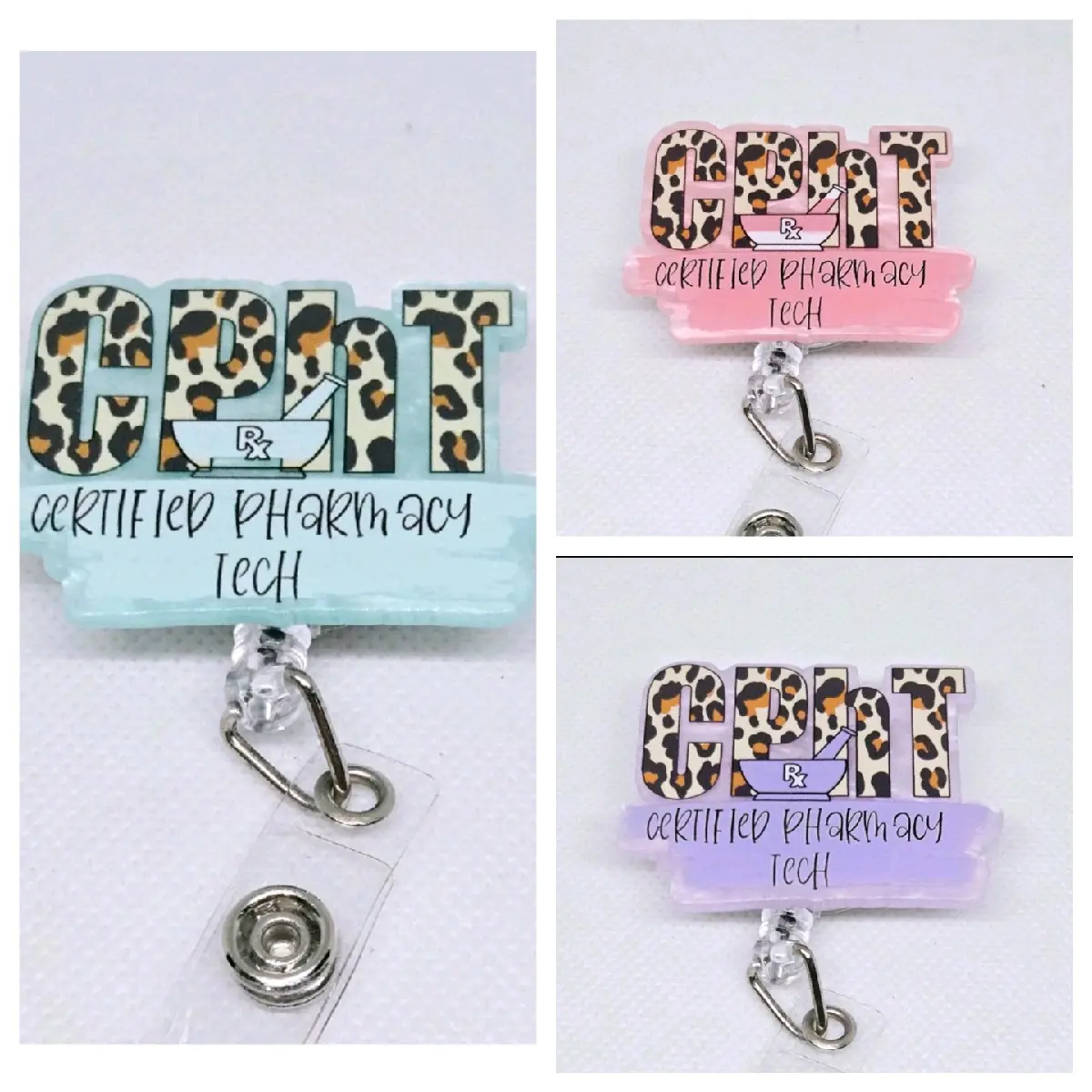 CPHT Certified Pharmacy Technician Acrylic Retractable Badge ID Reel Belt or Alligator Clip Available in various colors.