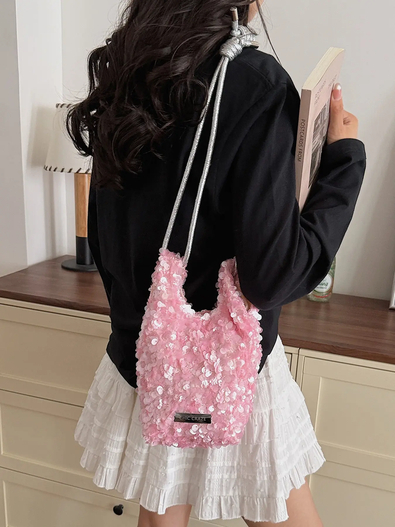 1pc Ladies' glitter mini sparkling glitter handbag, silver rope crossbody bag, cute party style shoulder bag, Glitter Sequined Bag, suitable for dating and daily travel