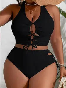 【Plus Size】 Two-piece Set Plus Size Solid Color Cut Out Bikini Set, Casual Fashion Chic Bikini Top & Swim Knicker Swimsuit Set, Women's Swimwear for Beach Holiday Vacation, Tankinis Set, Tankini Outfit, Tankini Top Bottoms, Swimsuit Summer